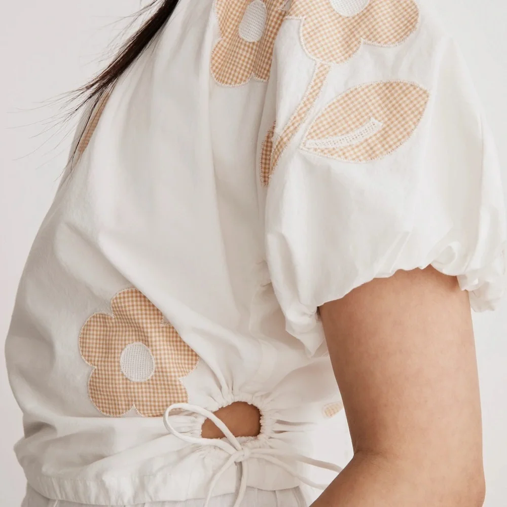 Madewell White and Yellow Crop Blouse with Puff Sleeves and Tie Front